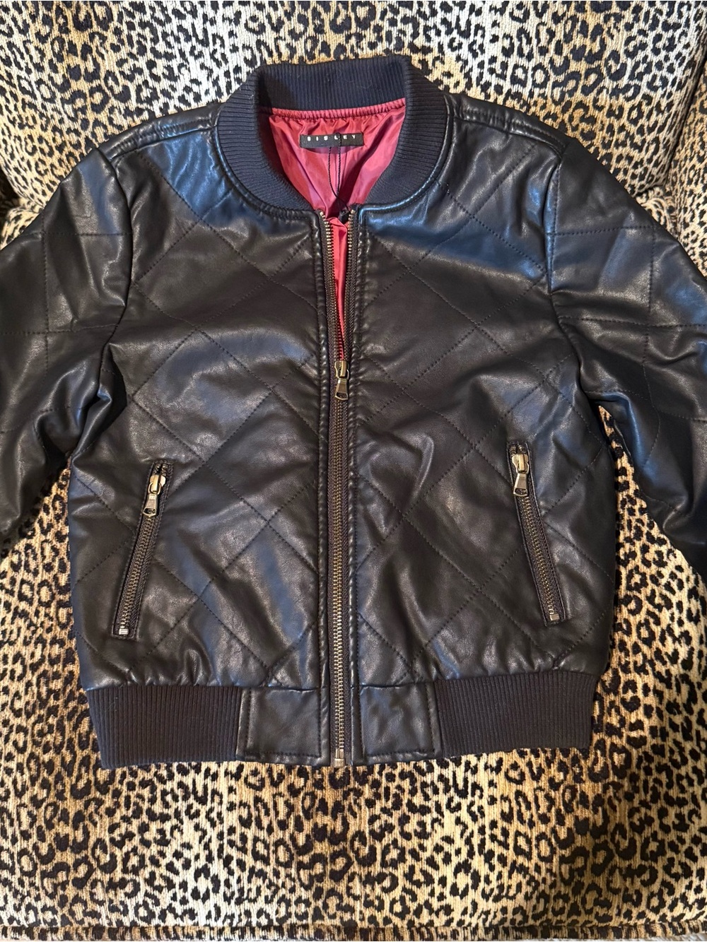 Sisley Black Quilted Faux Leather Kids Bomber Jacket Sz Small 6-7 yo new w/o tag